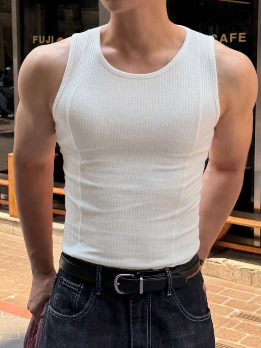 DAZY Men's Ribbed Minimalist Everyday Crew Neck Tank Top, Versatile - White - View 1