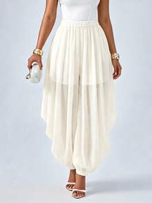 SOLERSUN White Threaded Chiffon Non-Stretch Fabric Elastic Waistband Loose Pleated Trousers Picnic Party Summer Elegant Beach - Apricot - View 5