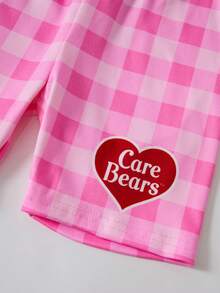 SHEIN X Care Bears Young Girl Cartoon Print Round Neck Short Sleeve Top And Plaid Shorts Loungewear Set - Pink - View 7