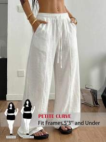SHEIN PETITE CURVE 大尺碼女款純色抽繩腰休閒百搭日常長褲 - 白色 - 查看 1