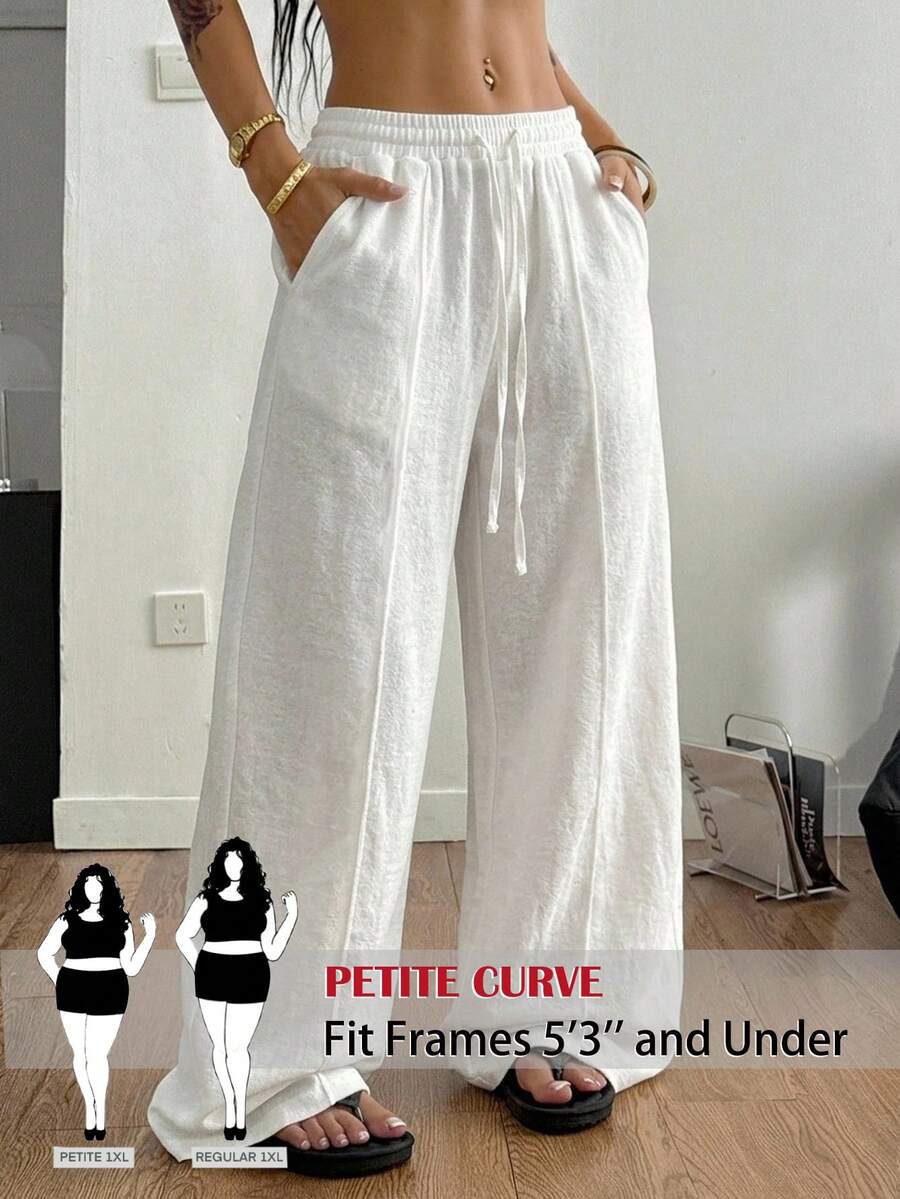 SHEIN PETITE CURVE 大尺碼女款純色抽繩腰休閒百搭日常長褲 - 白色 - 查看 1