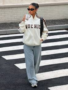 Muchica Off-White 女款字母印花休閒鄉村風寬鬆低腰街頭風 Y2K 開學季 節慶 外出 校園 畢業 夏季運動衫 - 米色 - 查看 6