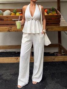 Sunnyshic Petite Women's Spring/Summer/Autumn Petite Apricot Textured Fabric Contrast Starfish Shell Tassel Ribbon Decor V-Neck Halter Backless Ruffle Tank Top With Straight Leg Pockets Pants, Vintage Vacation Commute Shopping Date Daily Versatile - Apricot - View 5