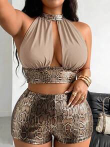 POPSWAY Ensemble sexy et décontracté pour femmes grandes tailles avec top plissé à col licou et short blocs de couleurs - Multicolore - Voir 6