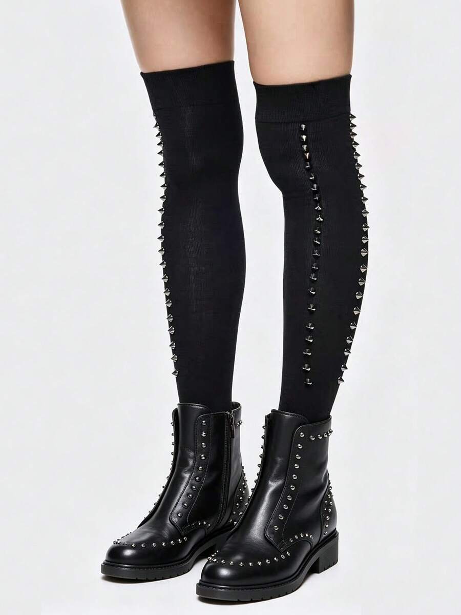 ROMWE Kawaii 1雙龐克風側邊鉚釘膝襪,Y2K黑色純色高筒襪,時尚彈性長襪 - 側邊鉚釘黑 - 查看 1
