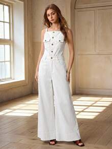 Selenza Plus Size Women's Button Casual Traditional Daily Formal Vacation Outing Camisole Denim Wide Leg Jumpsuit White Summer - White - View 7