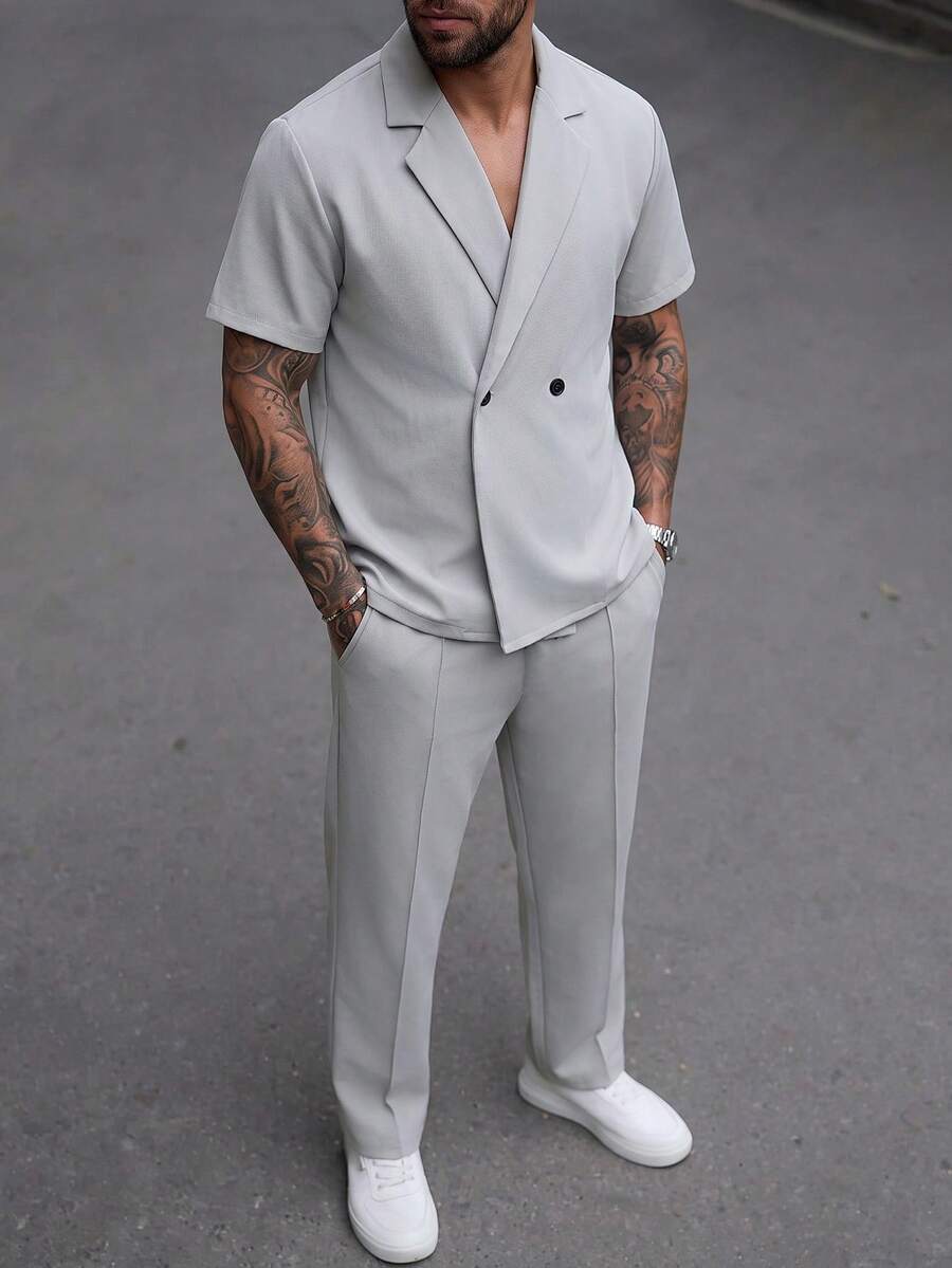Manfinity CasualCool 男士休閒時尚正式翻領短袖襯衫套裝,外出必備,適合送給家人與男友的禮物 - 灰色 - 查看 1