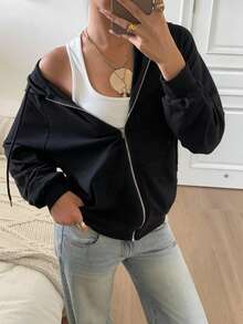 SHEIN EZwear Zip Up Raglan Sleeve Drawstring Hoodie,Long Sleeve Tops In Autumn/ Back-To-School School Black Casual - Black - View 7