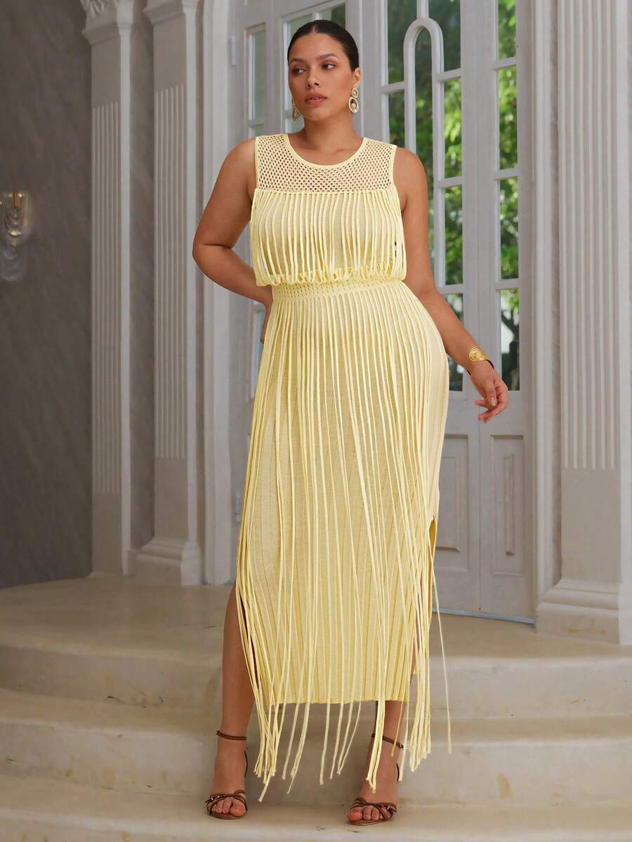VOLUPTÉ CURVE Plus Size Vacation Mesh Patchwork Tassel Round Neck Double Side Slit Dress Fall - Khaki - View 1