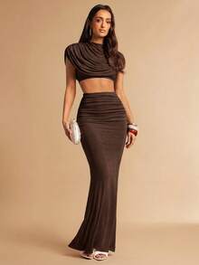 Silquee Women's Solid Color Pleated Cropped Top And Mermaid Skirt Fashion 2-Piece Set - Brown - View 5