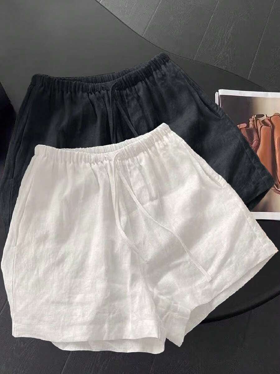 SHEIN New Women's Linen Elastic Waist Drawstring Straight Leg Wide Leg Casual White Loose Minimalist Plus Size 2-Piece Shorts Set - Multicolor - View 1
