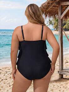 SHEIN CURVE+ 2026Summer Beach Plus Tiered Ruffle Hem One Piece Swimsuit - Black - View 2