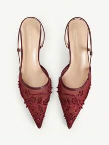CUCCOO CHICEST Women Shoes Spring And Summer New Models, Mesh Embroidered Backspace Sandals, Pointed Toes, Stiletto High Heels, Retro Light And Mature Style, Commute - Burgundy - View 2