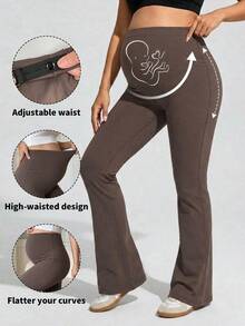 DAZY Elastic Fitted Solid Color Patchwork Adjustable Buckle Flare Leggings Elegant Casual Daily Wear Maternity Leggings Long All Season Fall - Brown - View 6