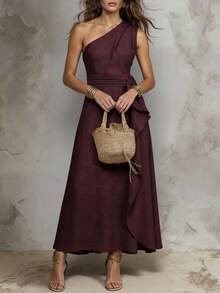 Solivie Women's Solid Color One-Shoulder Patchwork Ruffle Sleeveless Elegant Long Dress - Burgundy - View 5