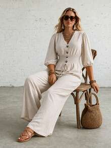 Ceyna Fashion Loose Casual Long V-Neck Short Sleeve Jumpsuit Fall - Khaki - View 6