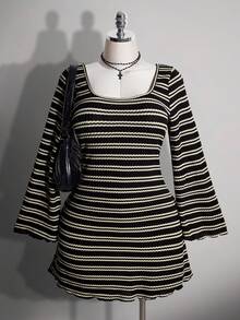 SHEIN ICON Plus Size Colorful Striped Backless Bell Sleeve Knit Dress - Black and White - View 1