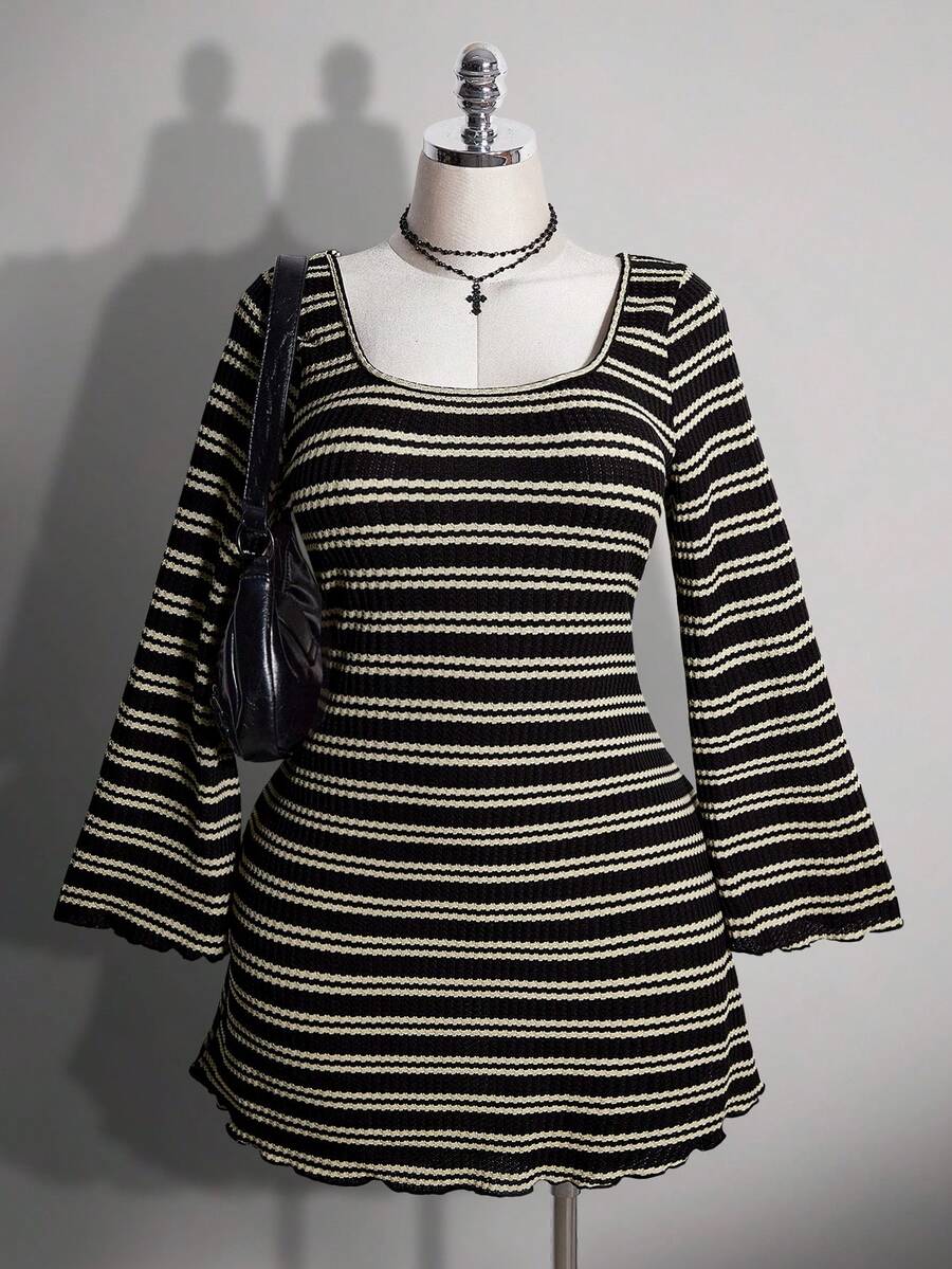 SHEIN ICON Plus Size Colorful Striped Backless Bell Sleeve Knit Dress - Black and White - View 1