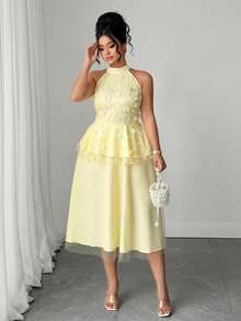 SHEIN Clasi Plus Size Women's Elegant Sleeveless Halter Neck 3D Floral Double Layer Mesh Dress, Summer Outings, Parties, Dates, Wedding Butter Yellow - Yellow - View 3