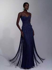 Elitara 優雅奢華針織亮片抹胸式收腰顯瘦抓褶 2 合 1 流蘇裝飾貼臀緊身洋裝，適合晚宴、展覽、商務活動、婚禮、單身派對、度假、約會等場合的女士正式晚禮服 - 藏蓝色 - 查看 5