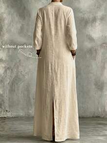 SHEIN Holidaya Women's Loose Dress, Textured V-Neck Design, Light Apricot, Loose Fit Suitable For Vacation And Casual Long Dress, Women's Dress, Women's Elegant Dress, Women's Loose Dress, Women's Beach Dress, Women's Casual Dress, Women's Commuter Dress, Women's Professional Wear, Women's Vacation Dress - Apricot - View 3