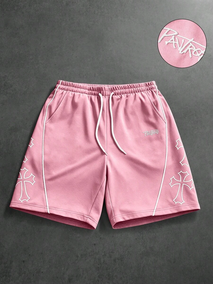PAVTROS Men's Embroidered Drawstring Waist Pocket Casual Shorts For Daily Wear - Pink - View 1