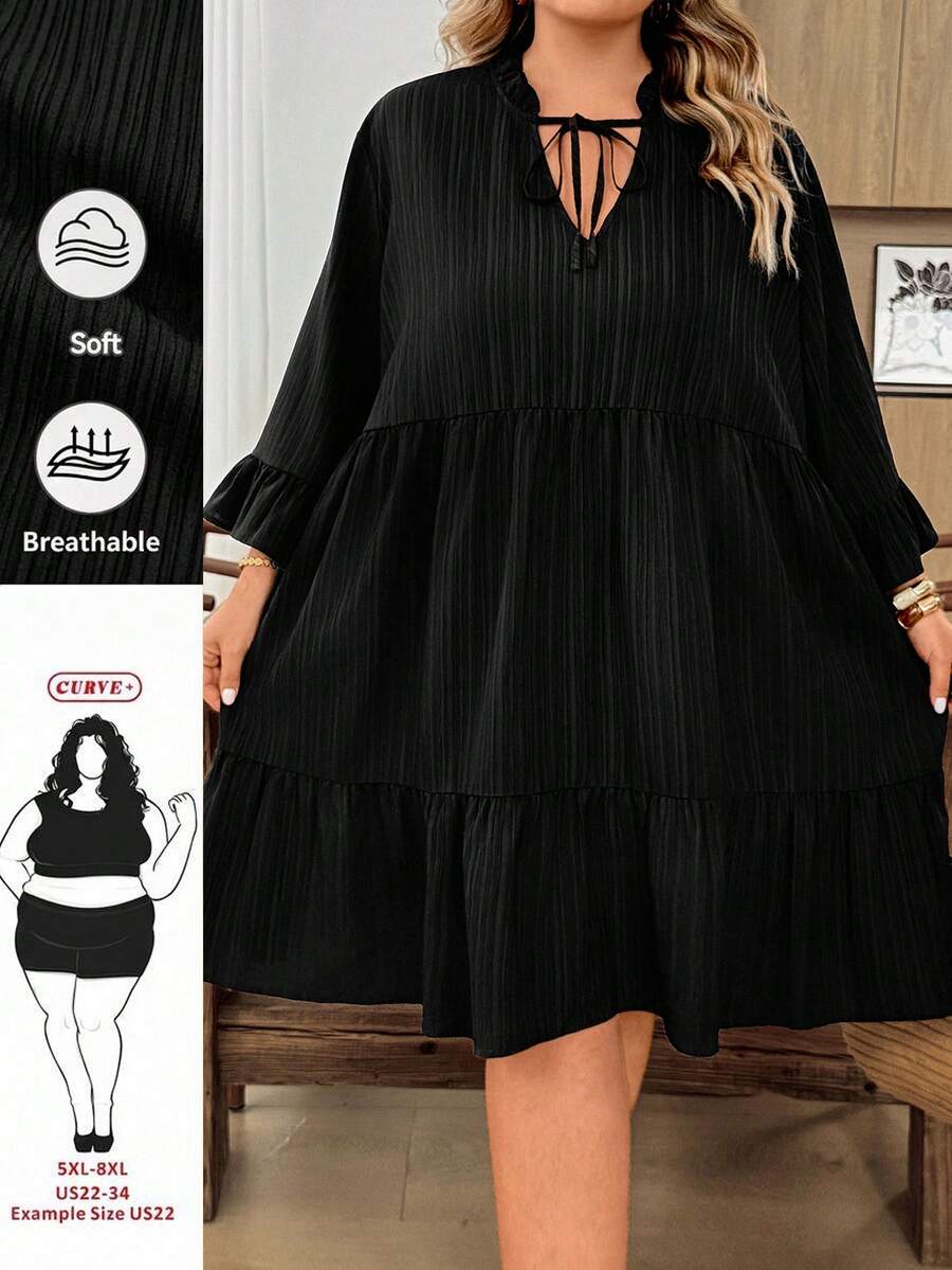 SHEIN CURVE+ 夏季度假休閒純色大尺碼洋裝 - 黑色 - 查看 1