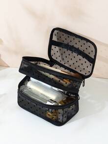 1 Leopard Print Black Mesh Double-Layer Cosmetic Bag, Portable, Double-Layer Large Capacity, Can Store Cosmetics And Makeup Tools, Suitable For Home And Out, Is The Ideal Choice For Women At Home. - Black - View 6