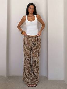 SHEIN Glamour Damen Wellen-Streifen Schlaghose mit hoher Taille und Schnürung vorne, fließende weite Schlaghose, lässige Sommer-Strandhose, Urlaubsstil super Fee Damenhose - Braun - Übersicht 3