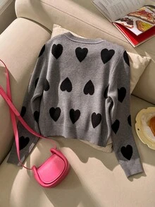 SHEIN 女童時尚愛心針織開襟毛衣，長袖，秋冬款 - 灰色 - 查看 2
