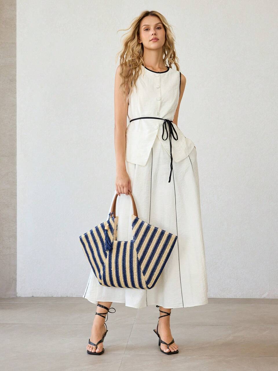 WOMEN'S FASHION BLUE STRIPED TOTE BAG, CASUAL VACATION WOVEN HANDBAG FOR VACATION, TRAVEL, SEASIDE, BEACH, BOHEMIA