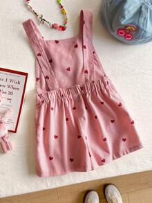 Young Girl Corduroy  Heart Print Bow Decor Jumpsuit Back To School - Baby Pink - View 2