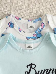 SHEIN 2pcs/Set Baby Boy Cute Rabbit Print Long Sleeve Bodysuit, White Light Blue Color, Spring/Autumn Crawl Suit, Matching Parent-Child Style, Soft Fabric - Blue - View 7