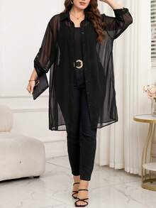 Reflora Plus Size Women's Solid Color Rolled Sleeve Single-Breasted Long Shirt - Black - View 4