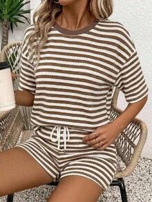 SHEIN LUNE Women's Knit White And Brown Textured Fabric Versatile T-Shirt Shorts 2 Pieces Set Beach Summer Casual - Multicolor - View 5