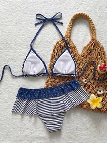 Swim Mod 新款春夏海灘泳池派對度假時尚性感休閒波點印花拼色荷葉邊綁帶掛脖式兩件式比基尼分體泳衣女款 - 藍色 - 查看 2