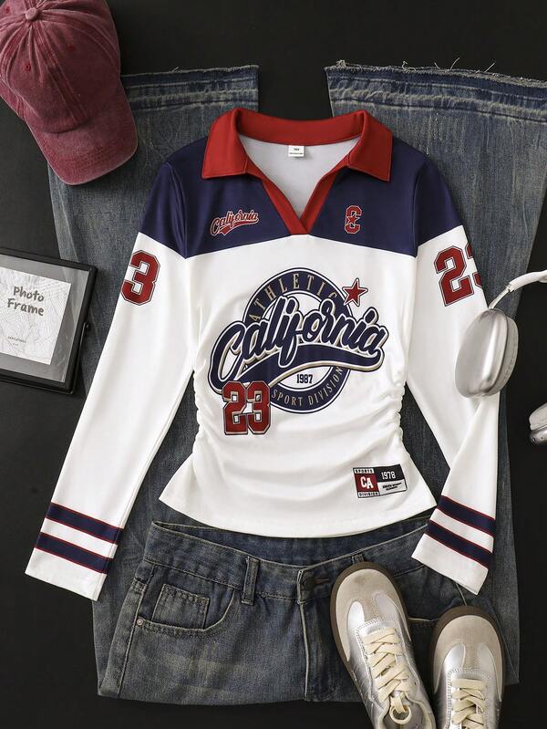 Tween Girl Letter Print Colorblock Long Sleeve Cinched Waist T-Shirt