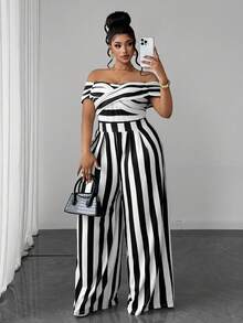Maweii Plus Size Women's Off-Shoulder Striped Patchwork Casual Daily Jumpsuit - Black and White - View 6