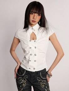 Rina Fox Women's Solid Color Pleated Hollow Out Casual Versatile Daily Wear Shirt - White - View 4