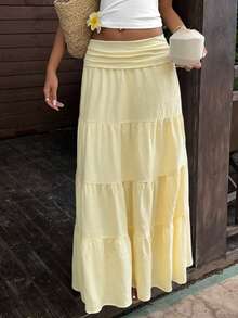 Sunnyshic Summer Fashion French Style Gentle Vacation Beach Versatile Casual Multi-Layer Ruffle Cake Skirt For Women - Yellow - View 4