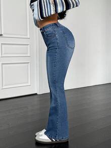 SHEIN PETITE Jeans de pierna acampanada con bolsillos diagonales lavados versátiles y de moda para mujeres, para mujeres de talla pequeña - Azul - Ver 4