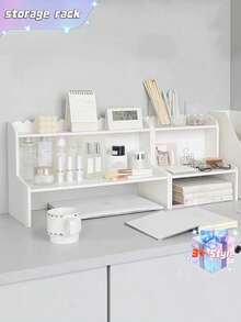 1 Double-Layer Height-Adjustable Desktop Shelf For Dormitory/Office Use, Organizing Cosmetics, Stationery, And Books. - White - View 3