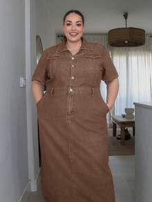Pretty and Ole 大尺碼深水洗藍色短袖修身長版牛仔洋裝，夏季牛仔女款休閒陽光洋裝，棕色 - 棕色 - 查看 5