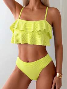 Swim Mod Conjunto de bikini de volantes con estampado floral y rayas para vacaciones de verano de mujer - Amarillo - Ver 4