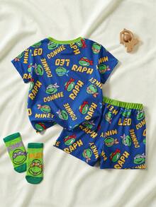 TEENAGE MUTANT NINJA TURTLES | SHEIN Young Boy Round Neck All-Over Print Short Sleeve Top And Shorts Casual Daily Home Sleepwear Set - Green - View 2
