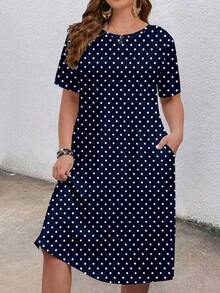 EMERY ROSE Plus Size Fashion Polka Dot Print Pocket Round Neck Short Sleeve Dress - Navy Blue - View 4
