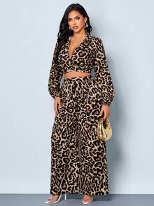 SOLERSUN Elegant Casual Fashion Leopard Print V-Neck Long-Sleeve Loose Top Wide-Leg Pants Two Pieces Set - Brown - View 6