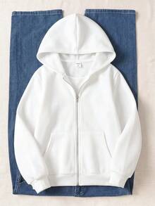 SHEIN 青少年女孩秋冬休閒連帽開襟外套 - 白色 - 查看 3