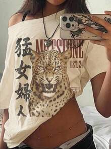 SHEIN EZwear 休閒極簡主義全身印花露肩落肩短袖寬鬆女款T恤 - 彩色 - 查看 5