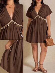Elaquor Plus Size Dresses Vacation Brown Boho - Brown - View 4